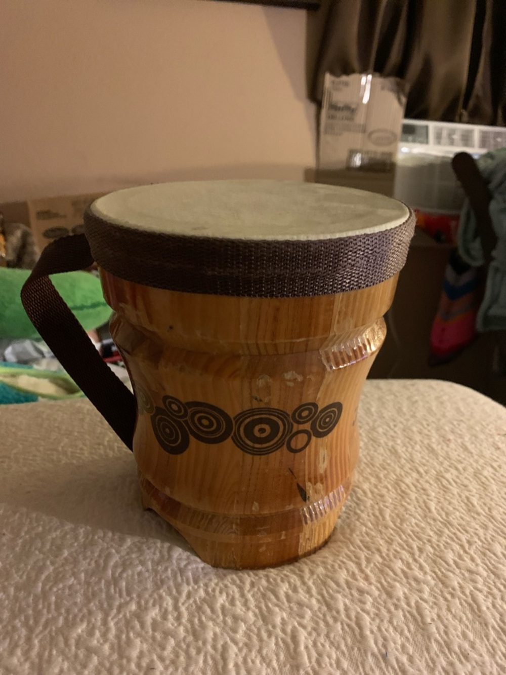 Wooden Percussion Instrument Bongo Hand Drum with Brown Strap -